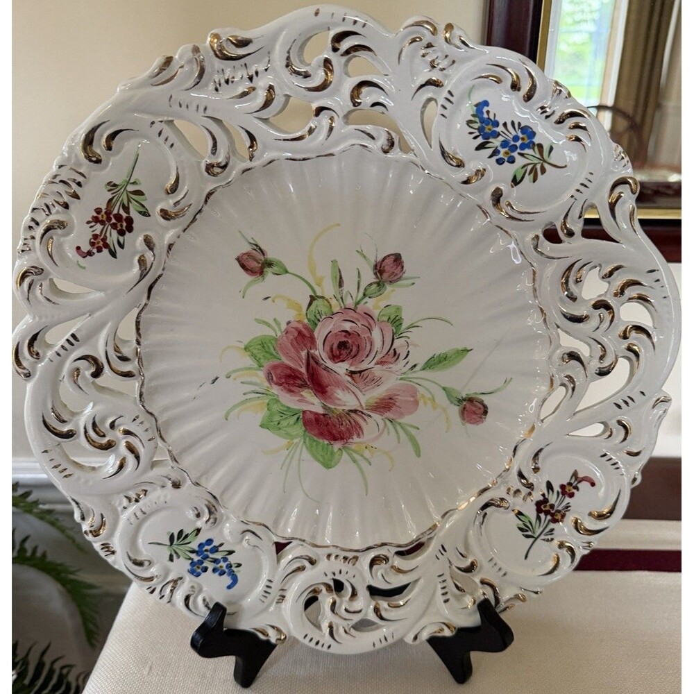 Bassano Italian Porcelain Plate with Gilded Edges and Hand-painted Rose Florals
